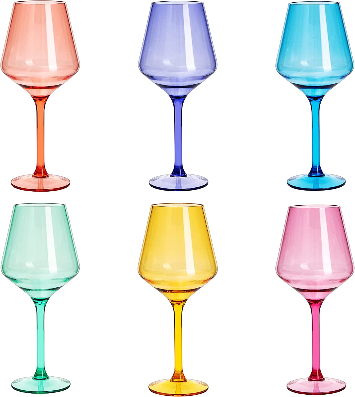 European Style Crystal, Stemmed Wine Glasses, Acrylic Glasses Tritan Drinkware, Unbreakable Colored, 6 - Set - Shatterproof BPA-free plastic, Reusable, All Purpose Glassware, Hand Wash Only 15oz