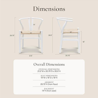 POLY & BARK Weave Dining Chair – Mid-Century Modern Wishbone Dining Chair with Arms, Solid Wood Frame, Indoor Use – White – Single - Ideal for Dining Room, Kitchen or Stylish Accent Setting