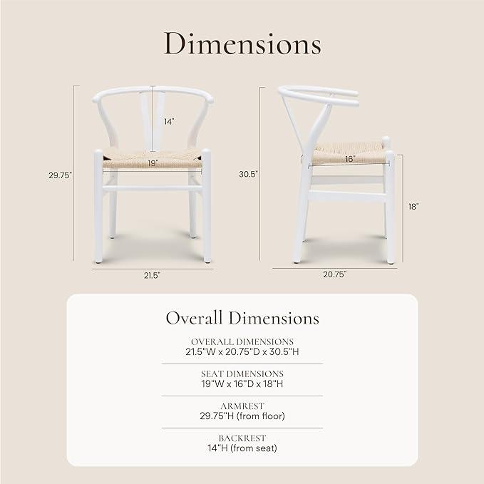 POLY & BARK Weave Dining Chairs – Mid-Century Modern Wishbone Dining Chairs with Arms, Solid Wood Frame, Indoor Use – White – Set of 2 - Ideal for Dining Room, Kitchen or Stylish Accent Setting