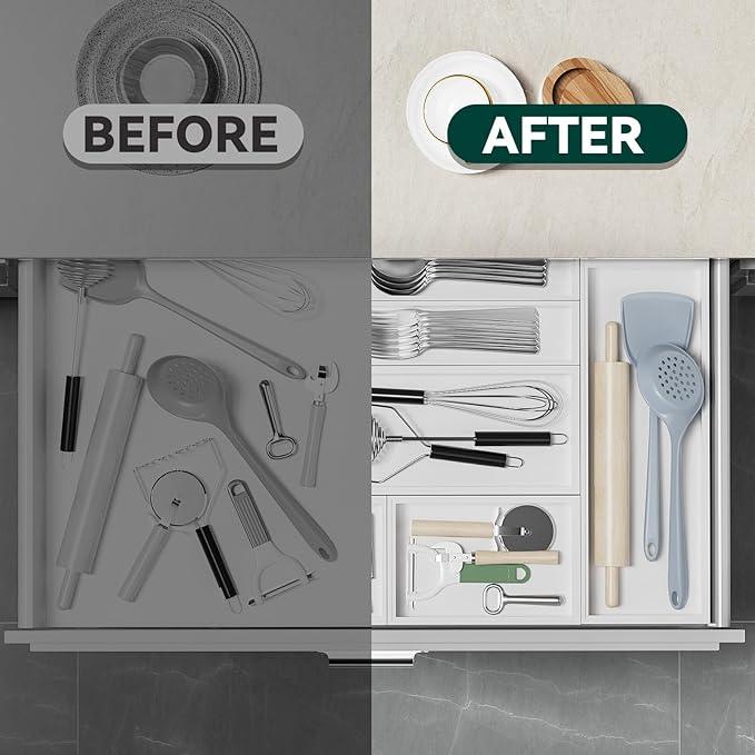 Kitchen Drawer Organizer - 2 Pack, Stackable Bamboo Drawer Organizers, Wooden Storage Box Tray for Cabinet, Pantry, Bathroom Countertop, Multi-use Organization and Storage (White)
