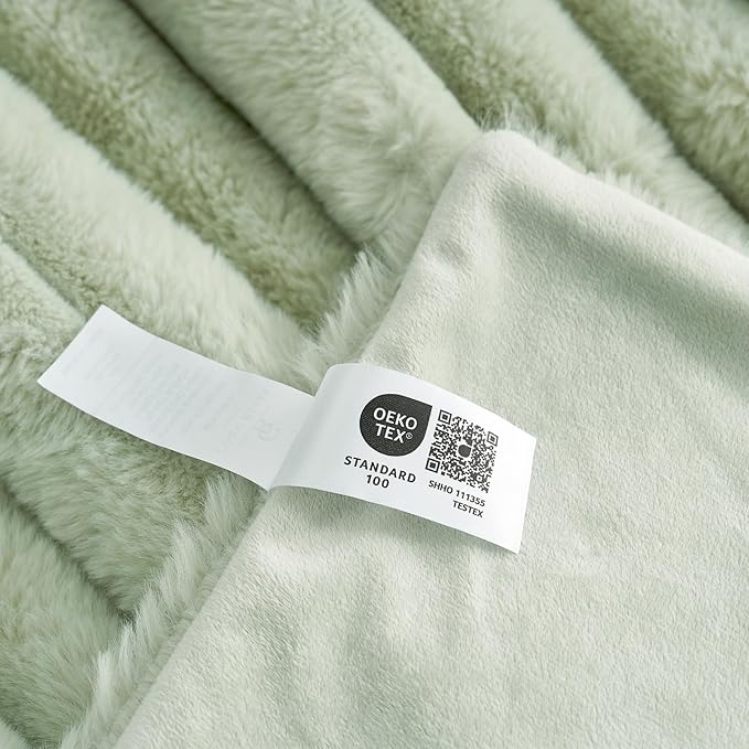 Cozy Bliss Faux Fur Throw Blanket for Couch, Cozy Warm Plush Striped Blanket for Sofa Bedroom Living Room, 50 * 60 Inches Sage Green