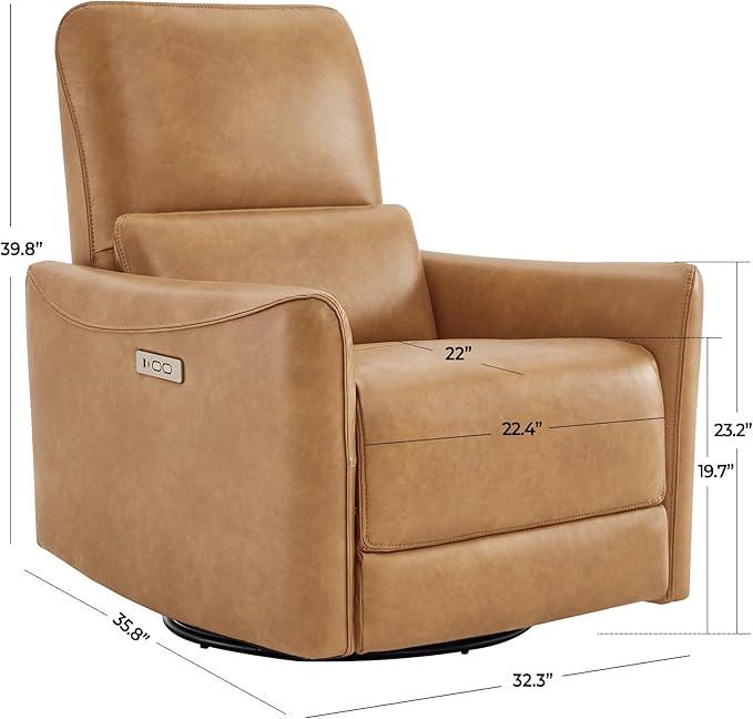 CHITA Power Recliner Chair Swivel Glider, FSC Certified Upholstered Faux Leather Living Room Nursery Reclining Sofa Chair with Lumbar Support, Cognac Brown