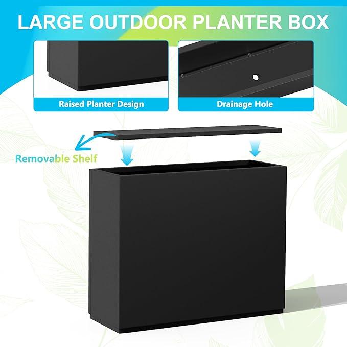 FENCY Metal Planter Box, Large Rectangular Planters for Outdoor Plants, Outdoor Tall Planters with Drainage Holes, Black Metal Planters (30