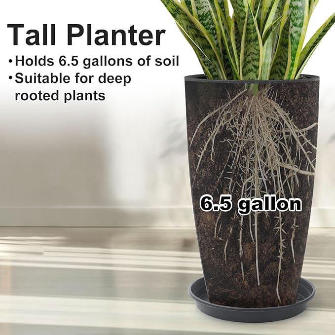 GameXcel Tall Flower Pot Indoor - Outdoor Plant Pot - Black Glossy Planter - Elegant Stone Imitation - 12