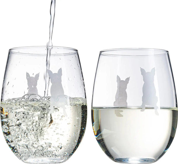 Set of 2 Boston Terrier Dog Stemless Wine Glasses - Boxwood, Boston Bull Terrier, American Gentleman Lover - for Him & Her - Dogs Silhouette - Etched Tumblers for Anniversary, Wedding, Gifts (18 OZ)