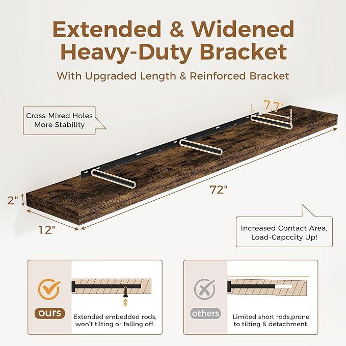 Fun Memories 72 Inch Floating Shelf, 12 Inch Deep Wall Shelf for Fireplace Mantel, Deep Storage Shelves for Home & Office, Wall Shelves with Invisible Bracket, Rustic Brown, Set of 1