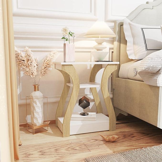 End Table with Charging Station, Side Table with USB Ports and Outlets, Nightstand, 3 Tier End Table with Storage Shelf for Living Room, Bedroom (White)