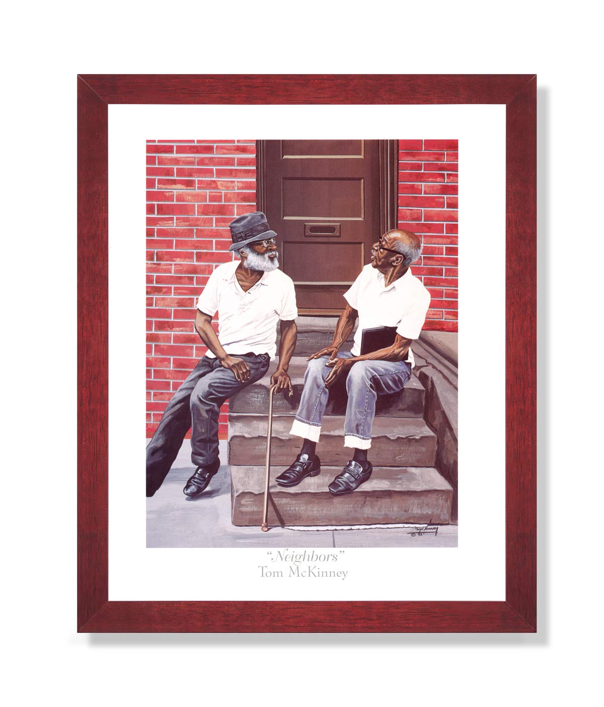 Cherry Framed Art Print - African American Old Men Sitting on Steps, 16x20 Real Glass Frame