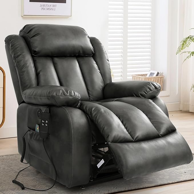 MAEVIS Power Recliner Chair, Lay Flat Sleeping Lift Chairs Recliner for Elderly with Heat and Massage,Comfy Real Breathable Leather Recliners with Dual OKIN Motor for Living Room (Silver Grey)
