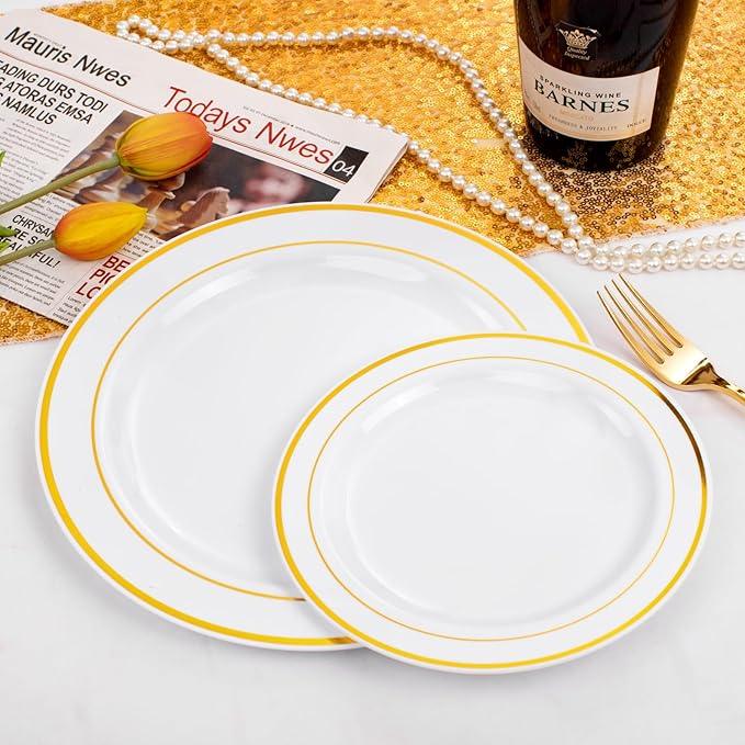 FLOWERCAT 60PCS Gold Plastic Plates - Heavy Duty White and Gold Plastic Plates Disposable for New Year/Thanksgiving Party/Wedding - Include 30PCS 10.25