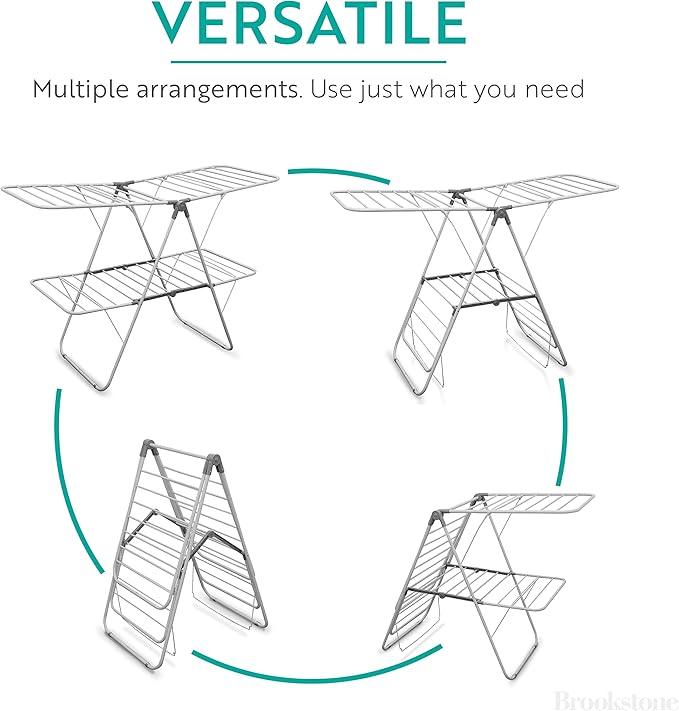 Brookstone – Extra Large – Double Spaced - 2 Tier Collapsible Clothes Drying Rack, Indoor/Outdoor Folding Hanging Garment Stand [NO Assembly - Ready Out of The Box]