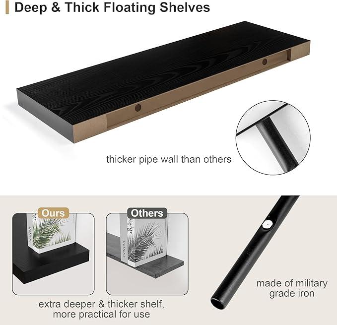 Heimlove Black Bathroom Shelves Floating Shelves for Wall Shelf Over Toilet Long Wall Mounted Modern Farmhouse,48 x 12 Shelves with Invisible Brackets for Living Room, Kitchen, Bedroom