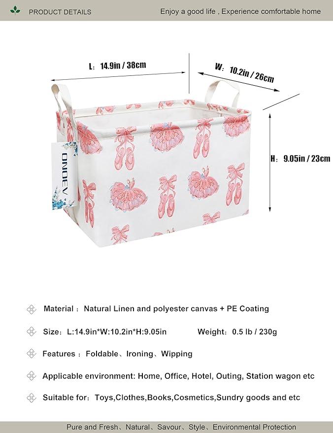 Rectangular Folding Laundry Basket,waterproof Canvas Basket,gift basket,Suitable for children's room,Office,Clothes,Toys Storage(Pink lace dance shoes)