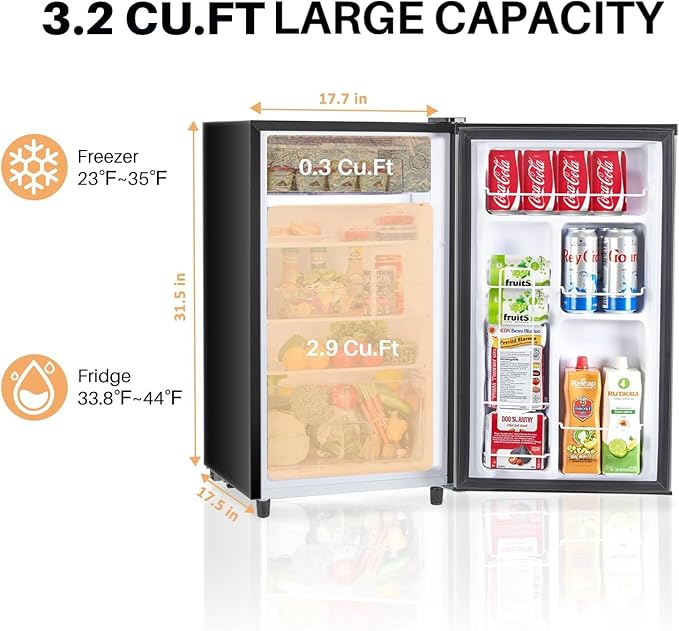 Atilioo Upgraded Mini Fridge with Freezer 3.2 Cu.Ft Compact Dorm Refrigerator Small Cooler for Bedroom Office, Single Door Adjustable Thermostat Low Noise, 17.5