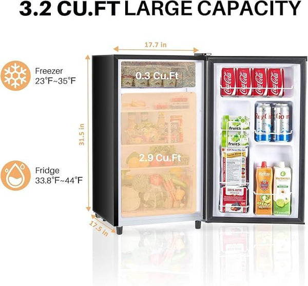 Atilioo Upgraded Mini Fridge with Freezer 3.2 Cu.Ft Compact Dorm Refrigerator Small Cooler for Bedroom Office, Single Door Adjustable Thermostat Low Noise, 17.5
