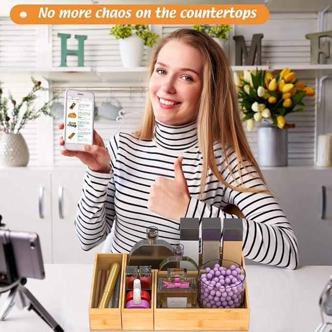 Bamboo Kitchen Drawer Organizer, Wooden Storage Box for Utensil Organizer Silverware Tray Cutlery Holder Flatware Containers - Multi-Use Deep Drawer Dividers Organizer for Bathroom, Jewelry, 9