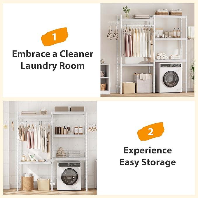 Double Row Over Washer and Dryer Storage Shelves, Laundry Room Organization and Storage, Heavy Duty Laundry Room Shelves, with Adjustable Height, 5-Tier