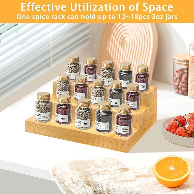 Spice Rack Organizer for Cabinet - Bamboo Spice Shelf, 3 Tier Seasoning Organizer for Countertop, Kitchen, Pantry 2 Pack