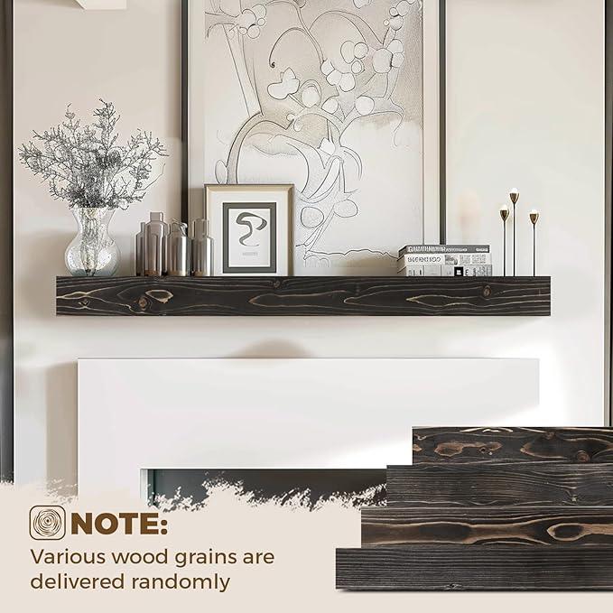 48x8x3 Fireplace Mantel - Handcrafted Hollow Rustic Solid Wood Wall Mounted Floating Shelf with Invisible Heavy Duty Wood Bracket (Weathered Black)
