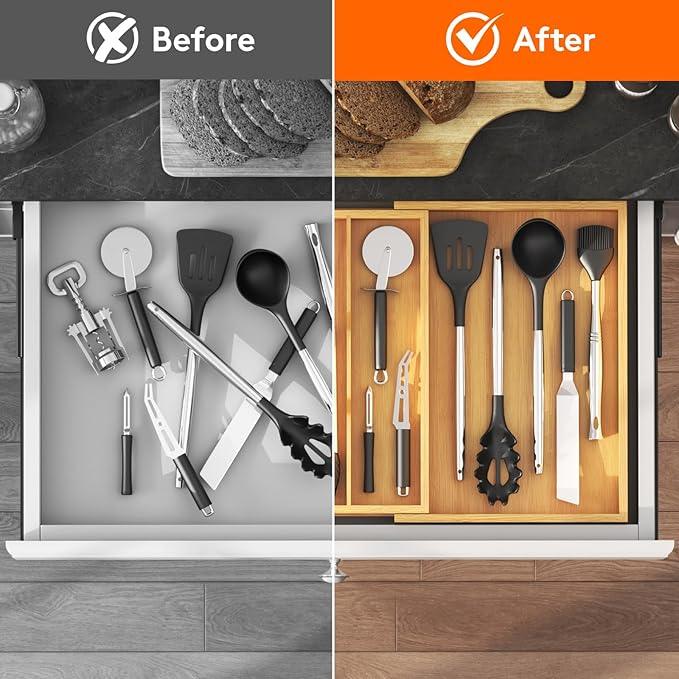 Lifewit Utensil Drawer Organizer, Expendable Cooking Silverware Tray for Kitchen Drawer, Bamboo Adjustable Cutlery Flatware Holder, Spatula Tools and Gadgets Storage Divider, 4 Compartments, Natural