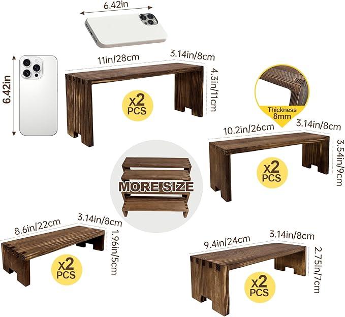 Large Display Wood Risers Wooden Stand 8 Tier Wood Racks Decorative Rectangular, 2 Set 8 Pieces Cupcake Stands Cologne Perfume Organizer Showcase Items(Brown)