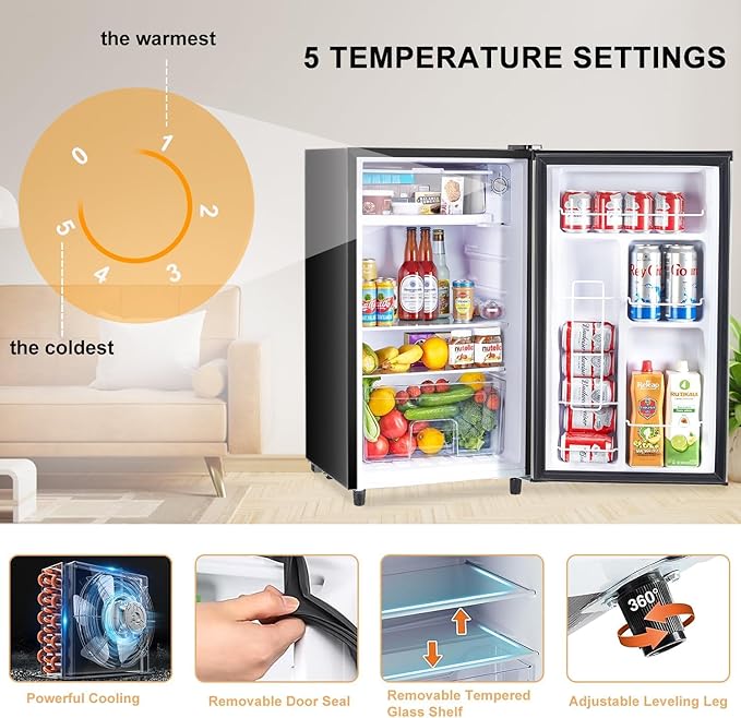 Atilioo Upgraded Mini Fridge with Freezer 3.2 Cu.Ft Compact Dorm Refrigerator Small Cooler for Bedroom Office, Single Door Adjustable Thermostat Low Noise, 17.5