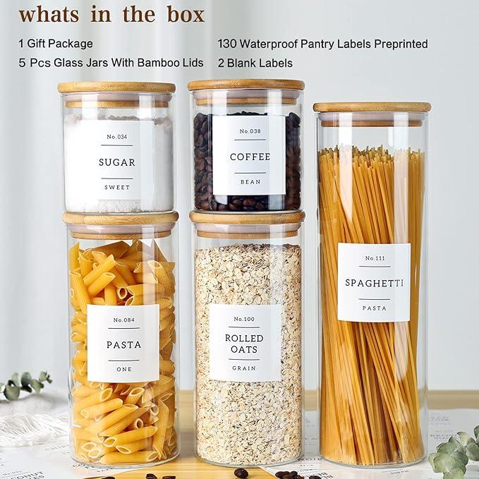 5 Pack Glass Jars with Bamboo Airtight Lids - Stackable Food Storage Containers with 132 Pantry Labels - with Wood Lid for Candy, Cookie, Rice, Sugar, Flour, Pasta, Nuts