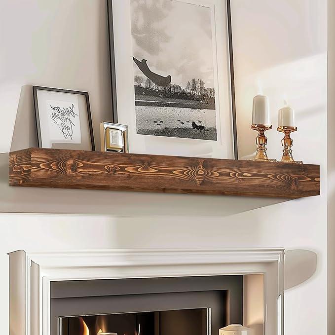 48x8x5 Fireplace Mantel - Handcrafted Hollow Rustic Solid Wood Wall Mounted Floating Shelf with Invisible Heavy Duty Wood Bracket (Weathered Brown)