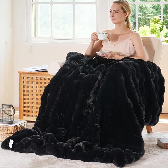 BENVWE Faux Fur Throw Blanket for Couch Bed - Fluffy Soft Thick Bubble Blanket for Living Room Home Decor - Fathers Day Birthday Gifts for Women Men, Black, 60