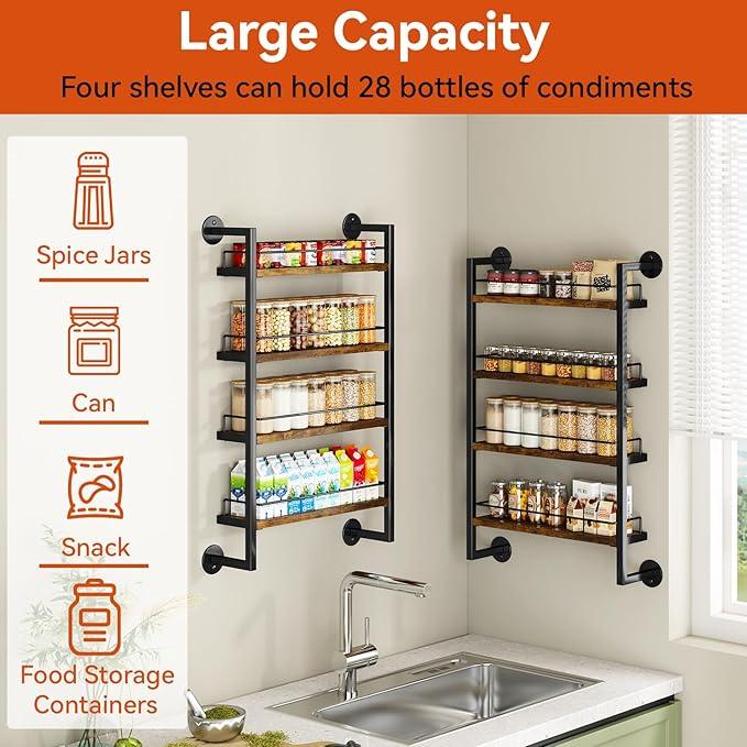 IBUYKE Spice Rack Wall Mount,4 Tier Hanging Seasoning Organizer,Large Spice Rack for Wall for up to 50 Jars,Spice Organization for Kitchen Cabinet,Bathroom,Pantry,Living Room,Brown TLJ016H