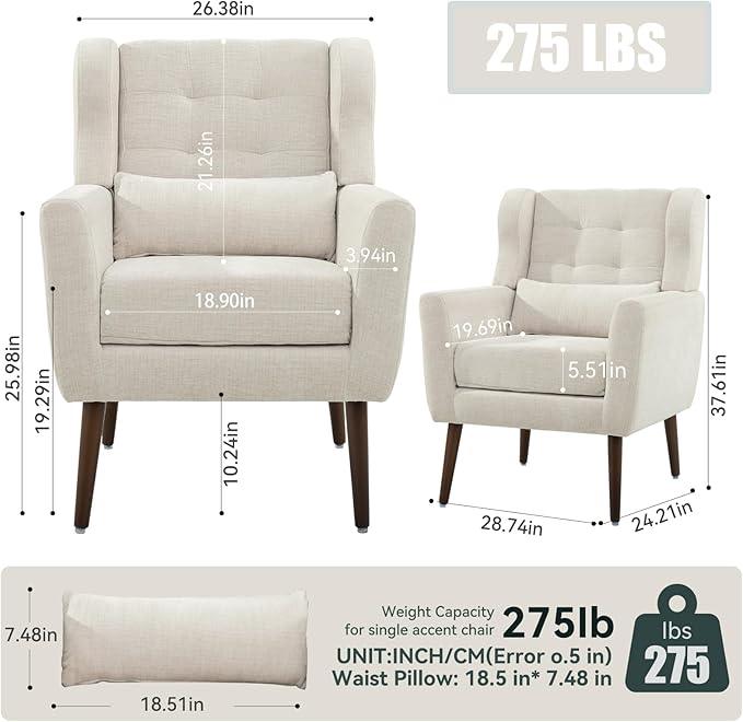 Modern Accent Chair, Upholstered Armchair with Pillow, Fabric Single Sofa Chair with Lounge Seat and Wood Legs Accent Chair for Living Room Bedroom Small Spaces (Beige, Set of 2)