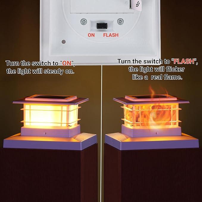 Dynaming 2 Pack Solar Flame Post Lights Outdoor, Solar Powered Fence Post White Shell Cap Light, High Brightness Flickering Flame LED Lighting for Garden Deck Patio, Fit 4x4 5x5 6x6 Vinyl/Wooden Posts
