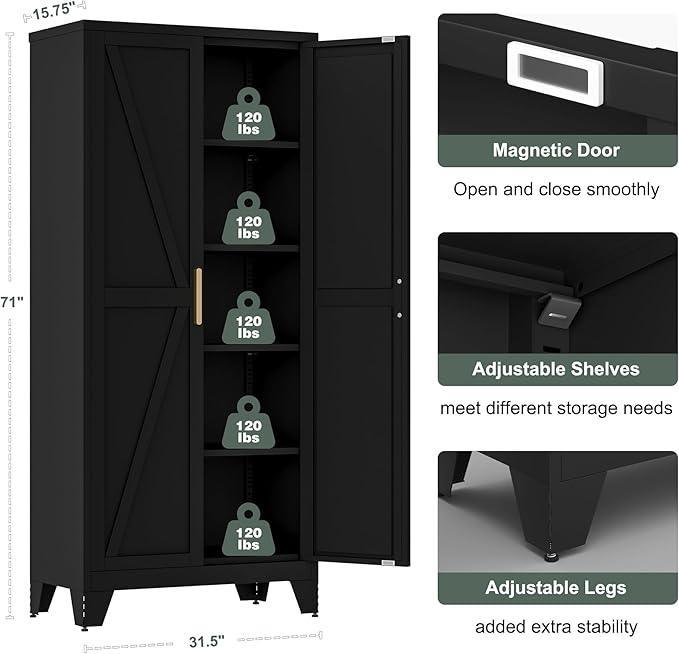71'' Farmhouse Metal Storage Cabinet with Barn Doors,Steel File Cabinet for Home Office,Kitchen Pantry 4 Adjustable Shelves,Freestanding Cupboard for Kitchen,Home Office (Black)