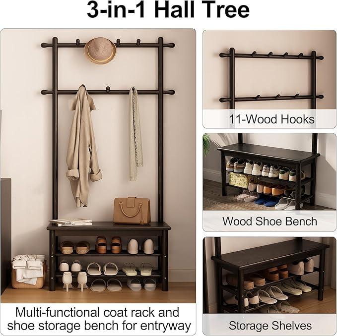 Coat Rack with Shoe Storage, Wooden Hall Tree with Bench, 11 Hooks and 2-Tier Storage Shelves, 3-in-1, Entryway Bench with Coat Rack (31.5