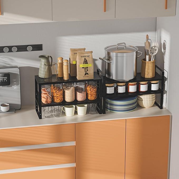Expandable,Adjustable & Stackable Spice Rack, Cabinet Kitchen Countertop Shelf Organizer,Metal Pantry Storage Shelves - Space-Saving Storage Solution(2Packs/Black/Large)
