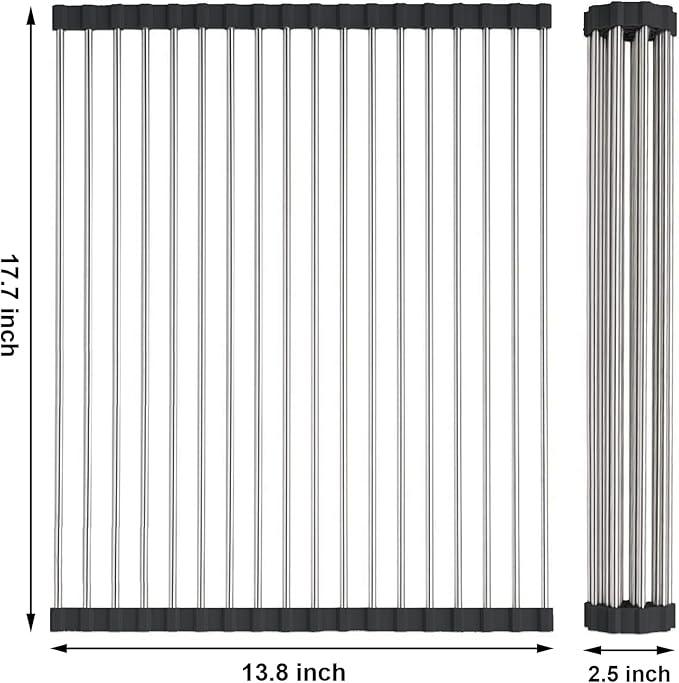 Searik Dish Drying Rack Roll Up Sink Drying Rack, Over The Sink Dish Rack Multi-Use Stainless Steel Dish Drainers Heat Resistant Mat for Drying Draining Trivet (17.7