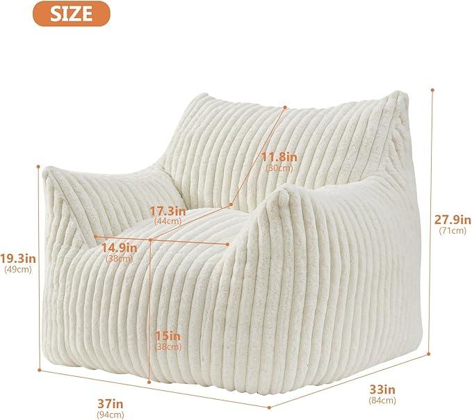 Giant Bean Bag Chairs for Adults with Filling Plush Fluffy Bean Bag Chairs for Teens with Armrests Comfy BeanBag Lazy Couch Sofa Chair for Bedroom Living Room Reading