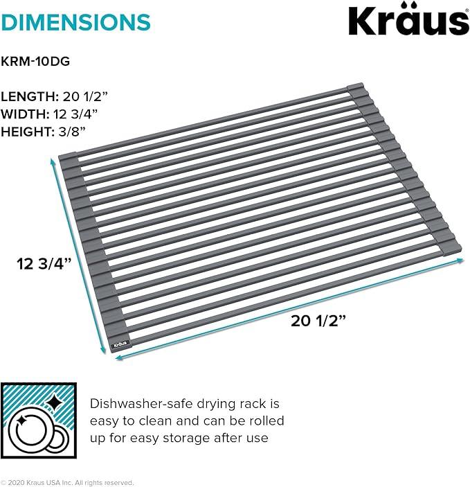 Kraus Roll Up Dish Drying Rack with Self-Draining Silicone Dish Drying Mat and Silicone Soap Dish Holder in Dark Grey, KDM-KRM-10DG