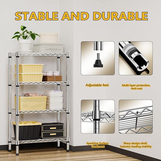 1000 lbs 4 Tier Shelf Metal Storage Shelves Wire Rack Closet Organizers for Garage Kitchen Bathroom Laundry Chrome 11.8