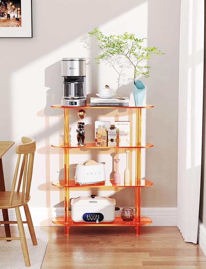 Clear Bookshelf, Acrylic Bookcase with Open Book Shelf for Office Living Room Bedroom (4 Tier Orange)