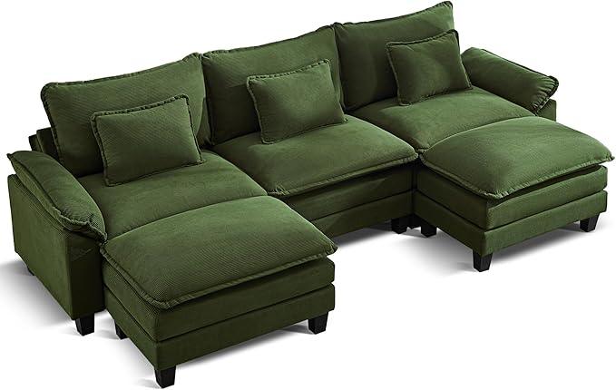 URRED Modular Sectional Sofa Comfy Cloud Couch, Modern Corduroy Sofa Sleeper Deep Seat Couches with Ottoman/Pillows for Living Room (Green, 117'' - U Shape)