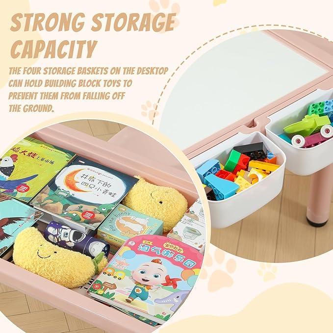 Multi Functional Kids Table and 2 Chairs Set, Graffiti & Building Blocks Double-Sided Tabletop, Toddler Play Table with Drawers, Large Storage Space, Gift for Boys/Girls, Pink