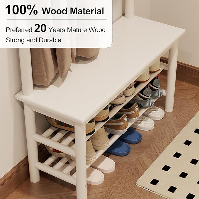 Coat Rack with Shoe Storage, Wooden Hall Tree with Bench, 11 Hooks and 2-Tier Storage Shelves, 3-in-1, Entryway Bench with Coat Rack (31.5