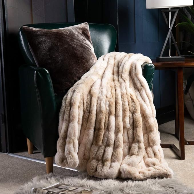 BATTILO HOME Ruched Luxury Faux Fur Throw Blanket Beige Tie-dye Rabbit Fur Blanket for Couch, Living Room, Fuzzy, Soft, Plush, Cozy, Elegant with Reversible Mink Blanket Beige, 60