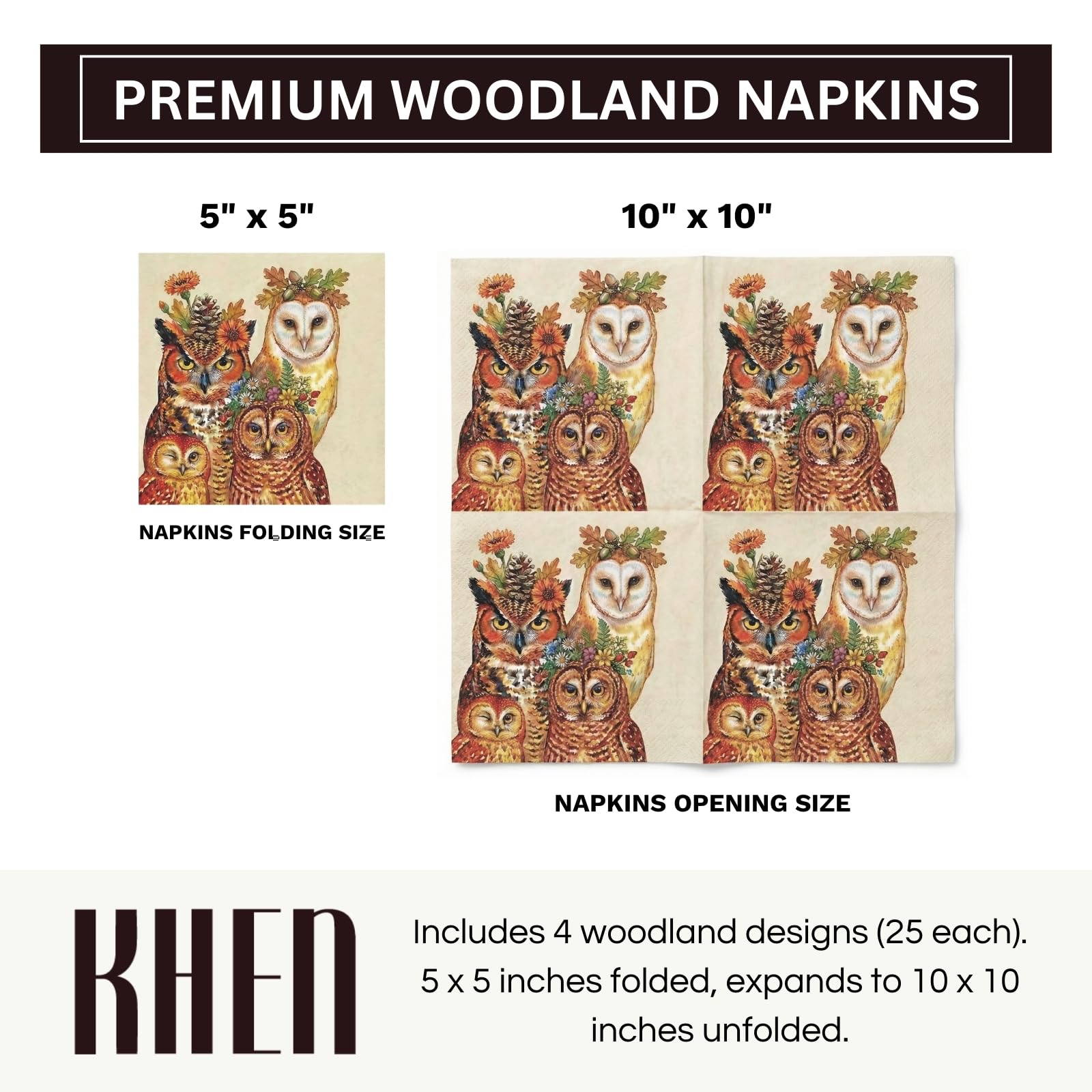 Khen Woodland Napkins, 100 Pack 4 Designs, 5
