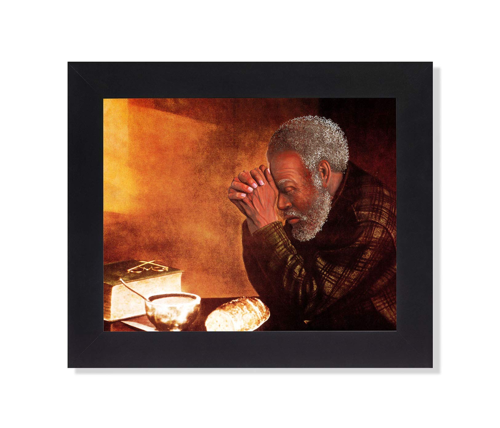 Framed Religious Art Print – African American Praying Man 8x10 Black Oak Frame