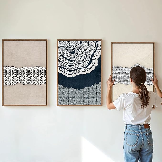 SIGNINART Blue and Beige Framed Canvas Wall Art Set, Neutral Abstract Tree Ring Wall Decor, Minimalist Dots and Line Artwork, Geometric Pattern Art Paintings for Living Room, Bedroom, Office 16