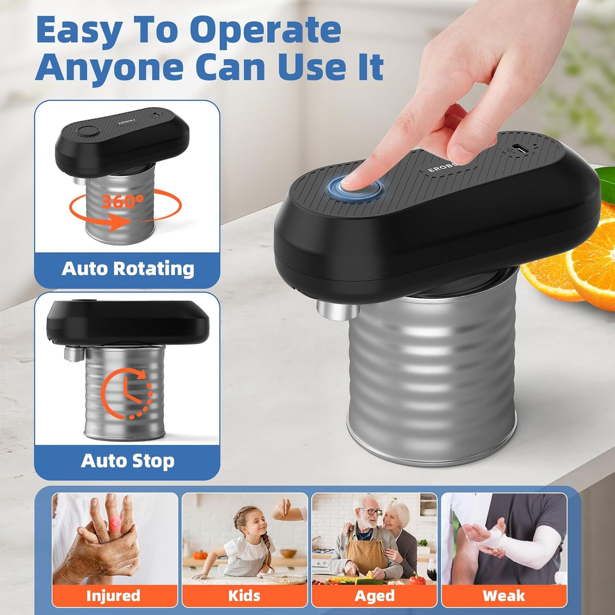 Rechargeable Electric Can Opener for Seniors & Arthritis | One-Touch Hands-Free Smooth Edge Can Opener, USB-C, Compact Kitchen Gadget