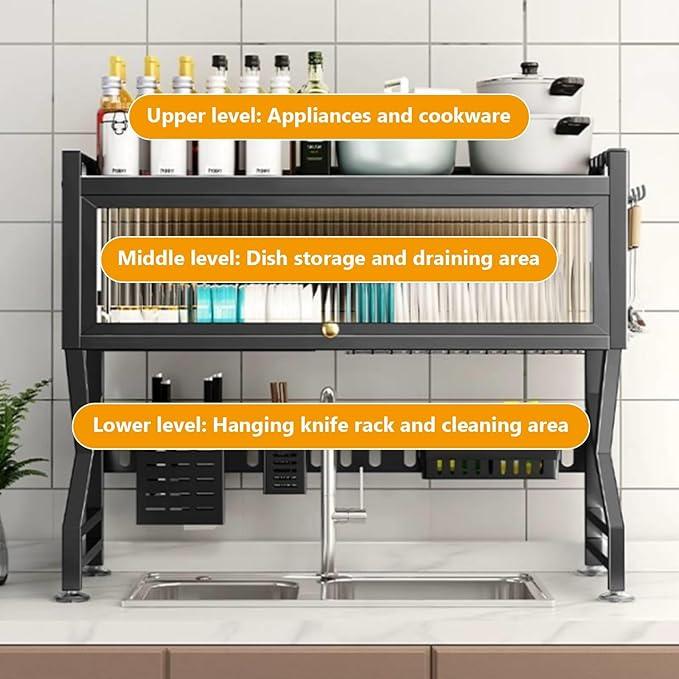 Kitchen sink rack dishwashing sink countertop dustproof cupboard storage multifunctional tableware storage drain rack double layer,KeepKitchen Sink Shlef Organized Space-Saving(White,95cm/37.4in)
