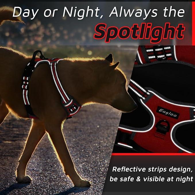Eagloo Dog Harness Large Breed, No Pull Service Vest with Reflective Strips and Control Handle, Adjustable and Comfortable for Walking, No Choke Pet Harness with 2 Metal Rings, Red, XL